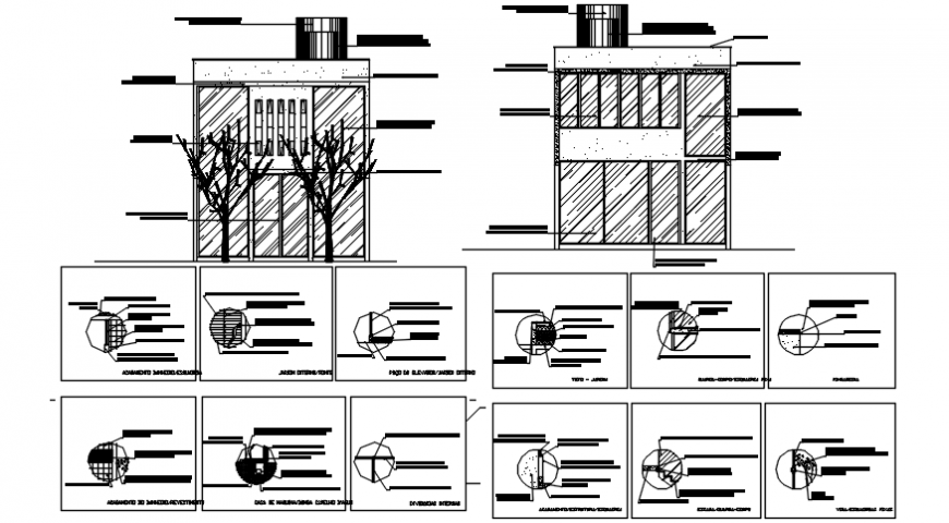 Corporate office building elevations and structure details dwg file