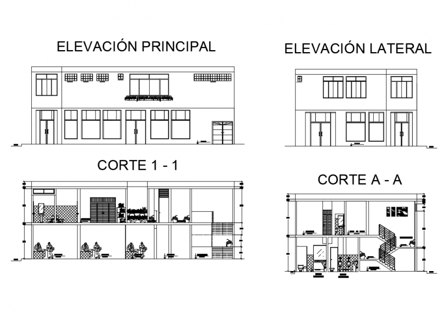 Corporate office building two story elevation and sectional details dwg file