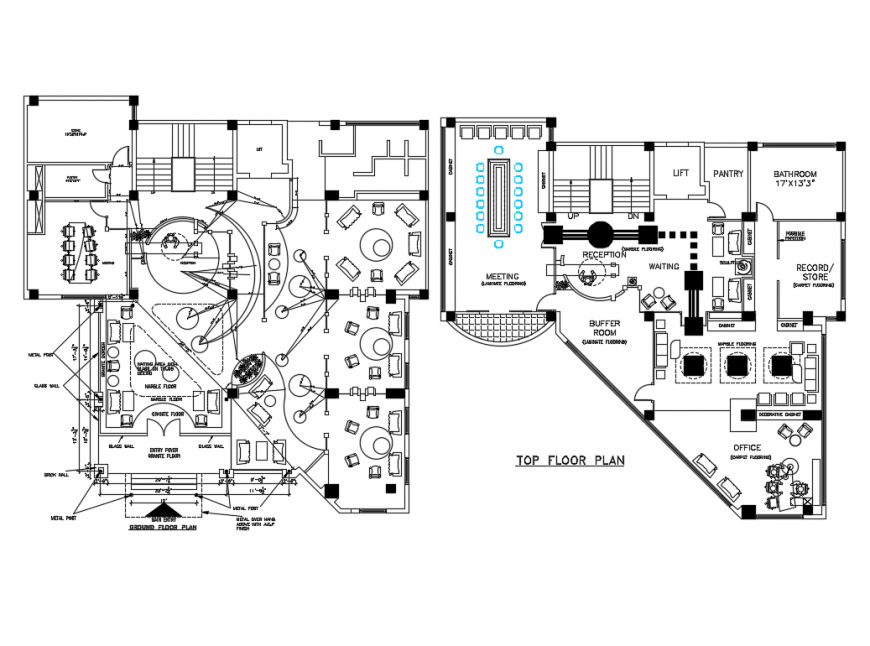 Corporate office ground and first floor plan layout details dwg file