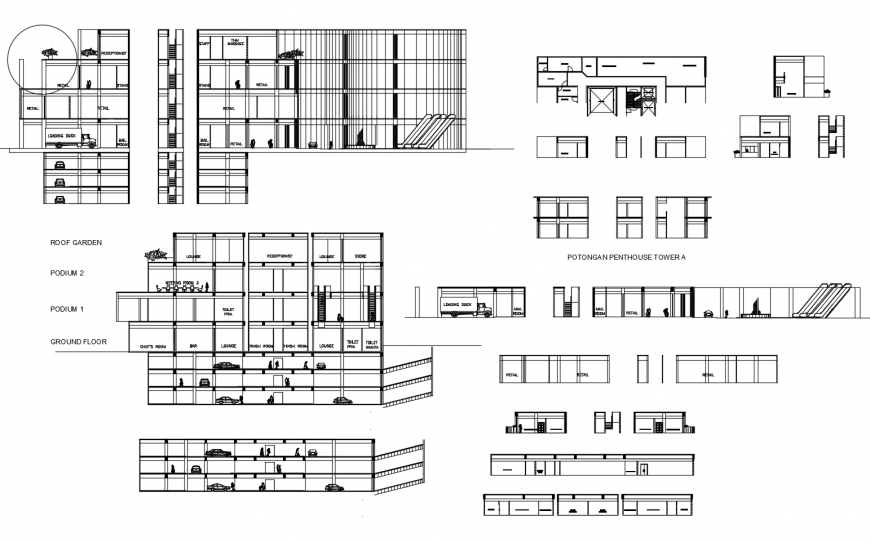 Corporate office tower building all sided section and auto-cad drawing details dwg file