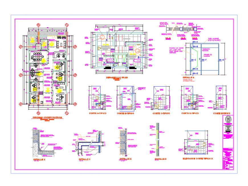 Corporation office sections, layout pan, sanitary installation, structure and auto-cad details dwg file