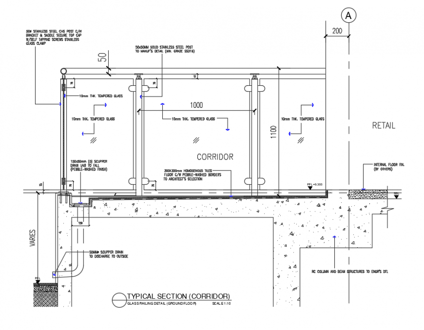 Corridor typical section glass railing structure cad drawing details dwg file
