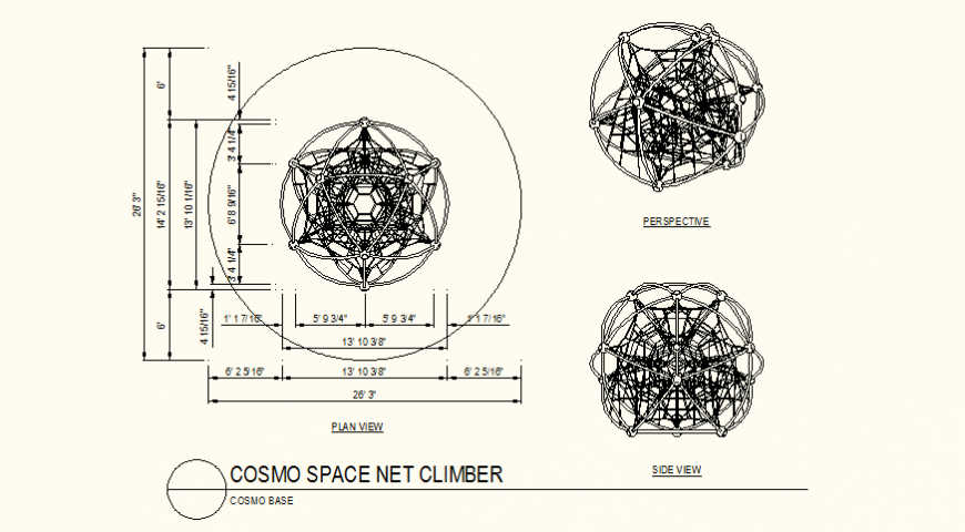 Cosmo space net circular shape detail plan and elevation dwg file