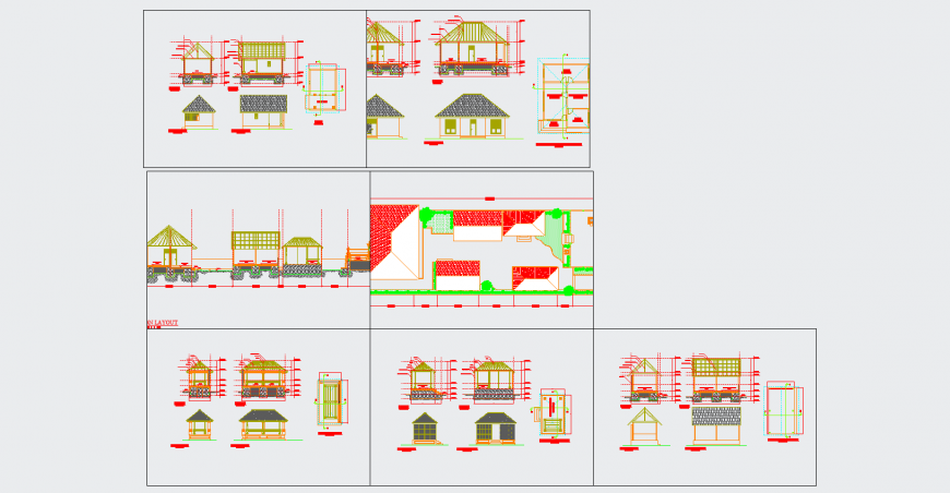 Cottage house all sided elevation and constructive section details dwg file