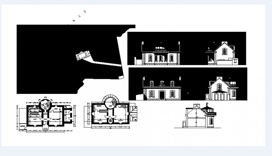 Cottage house all sided elevation and floor plan drawing details dwg file