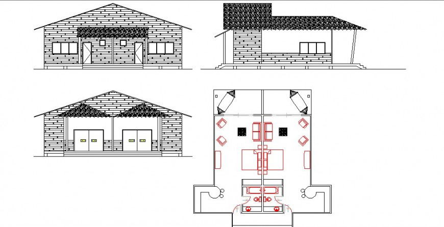 Cottage house all sided elevation and layout plan cad drawing details dwg file