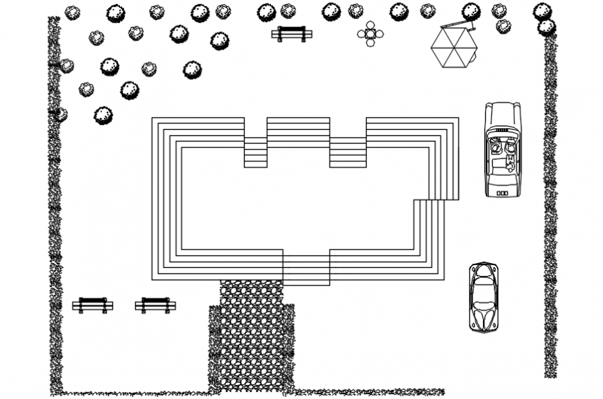 Cottage house garden landscaping structure details dwg file