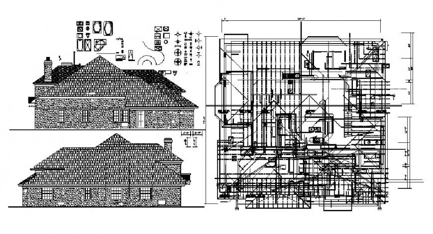 Cottage house main and back elevation and framing plan drawing details dwg file