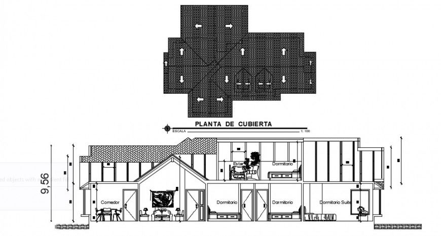 Cottage house main section and cover plan drawing details dwg file