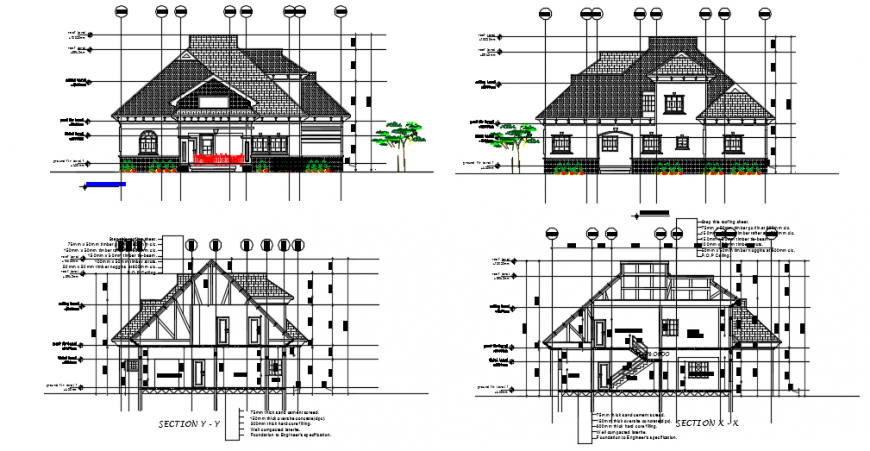 Cottage house sectional elevation detail of all sides dwg file