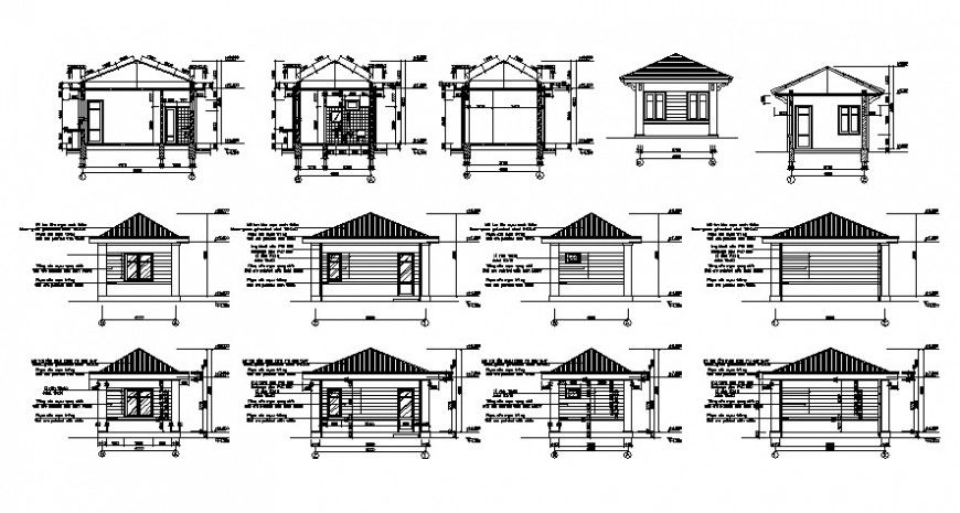 Cottage house small all sided elevation and section drawing details dwg file