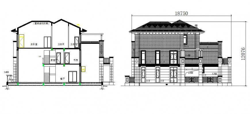 Cottage House Two-Level Elevation and CAD Blocks DWG File