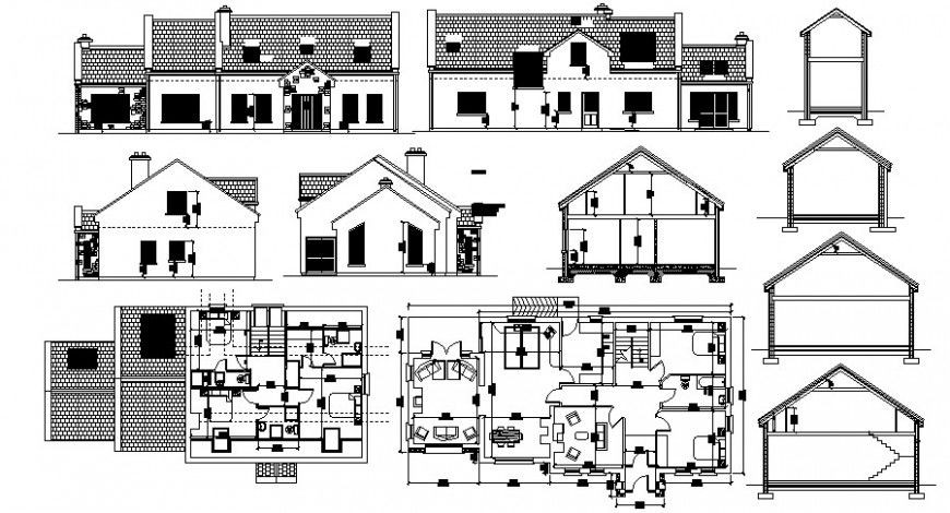 Cottage one family house elevation, section and floor plan drawing details dwg file