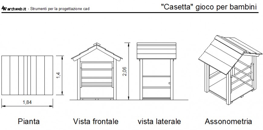 Cottage or small house plan, front and side view with isometric dwg file