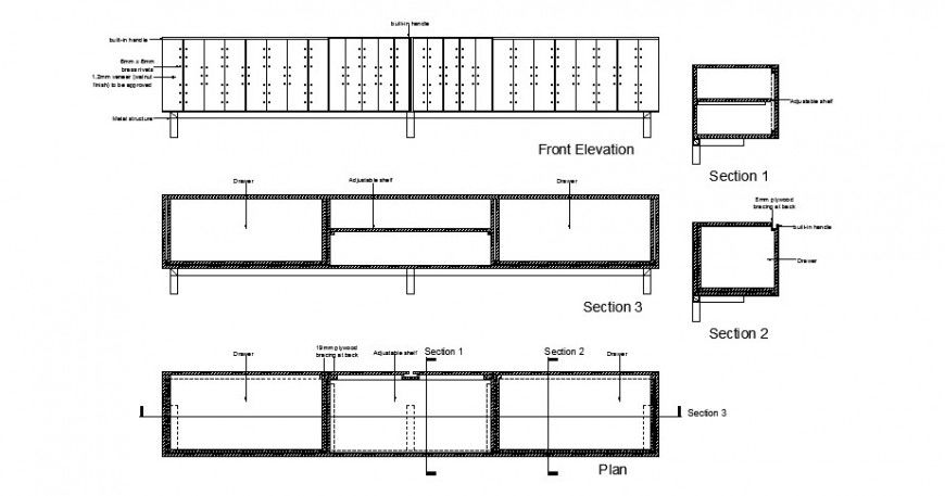 Counter desk detail elevation plan and section autocad