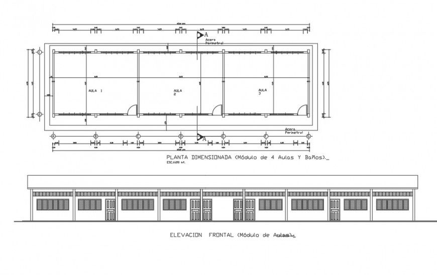 Country school main elevation and plan cad drawing details dwg file