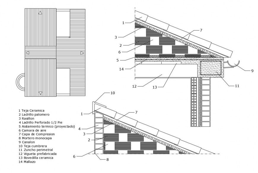 Cover construction details with roof cut section dwg file