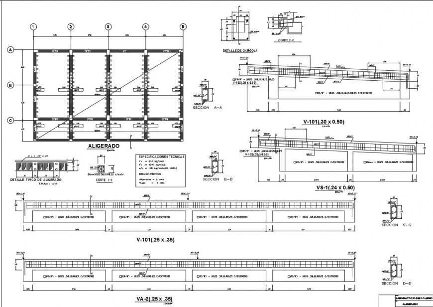 Cover framing plan and beam sections details for college building dwg file