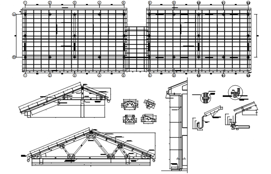 Cover plan, roof section and roof construction drawing details dwg file