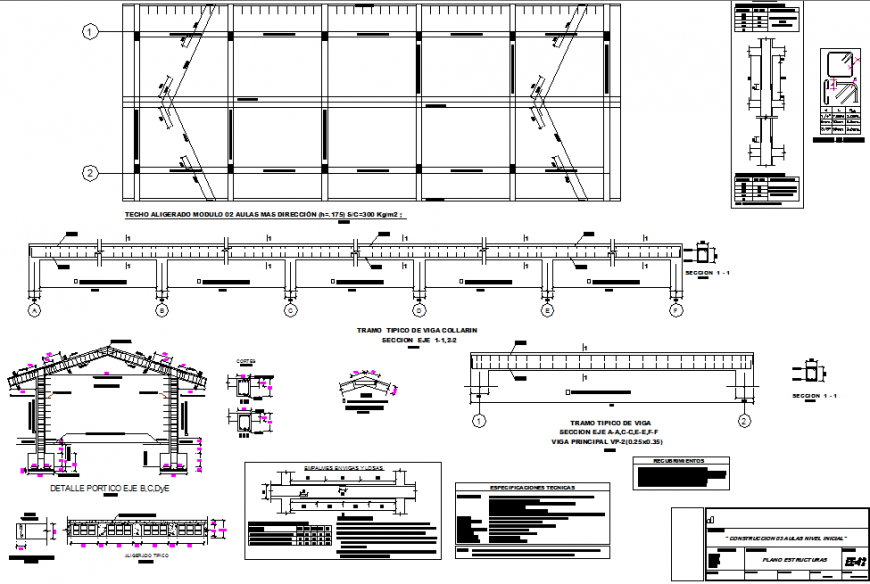 Cover plan, roof structure and column and beam details of school building dwg file