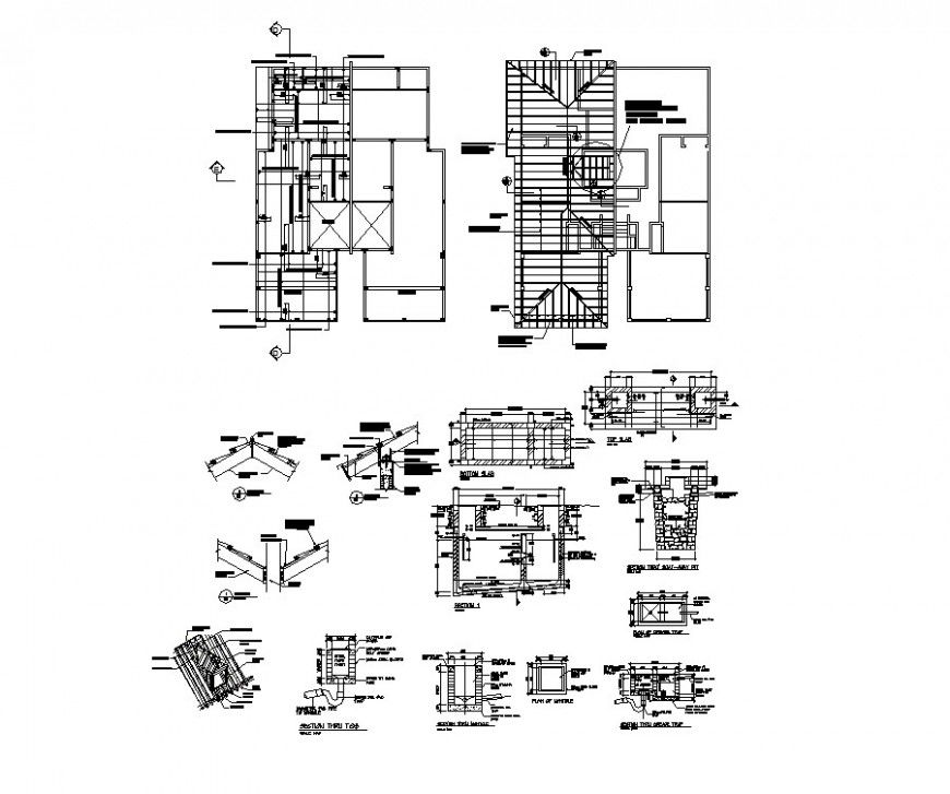 Cover plan and constructive structure details of split family house dwg file