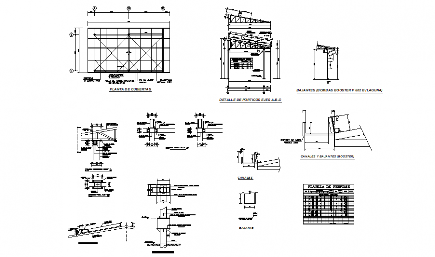 Cover plants, joints and constructive details of steel structure shade dwg file