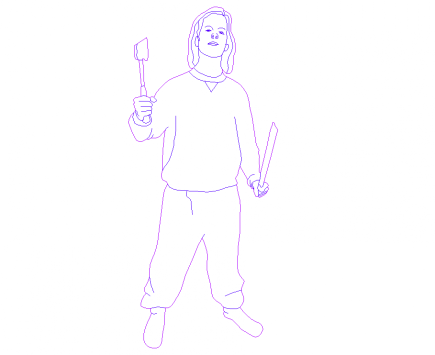 Crazy man with weapons plan detail dwg file.