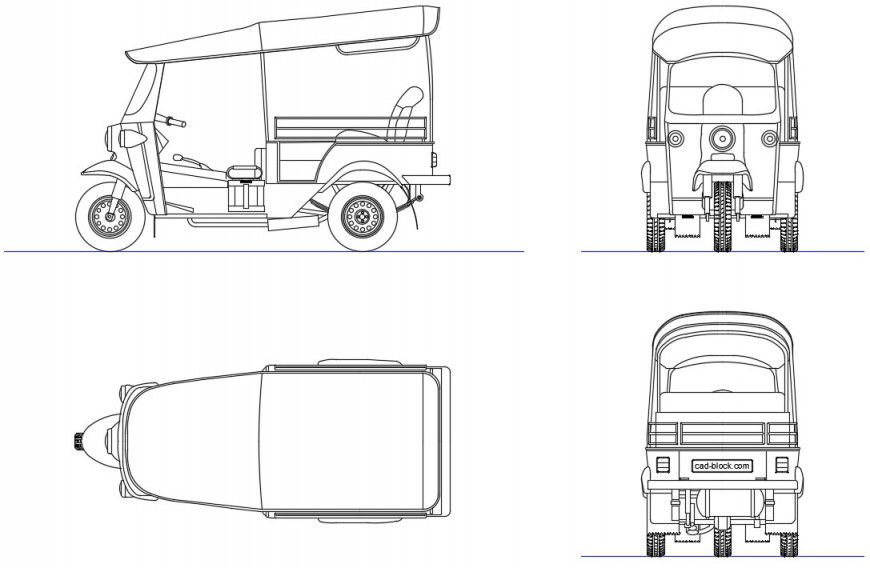 Creative auto-rickshaw all sided elevation block cad drawing details dwg file
