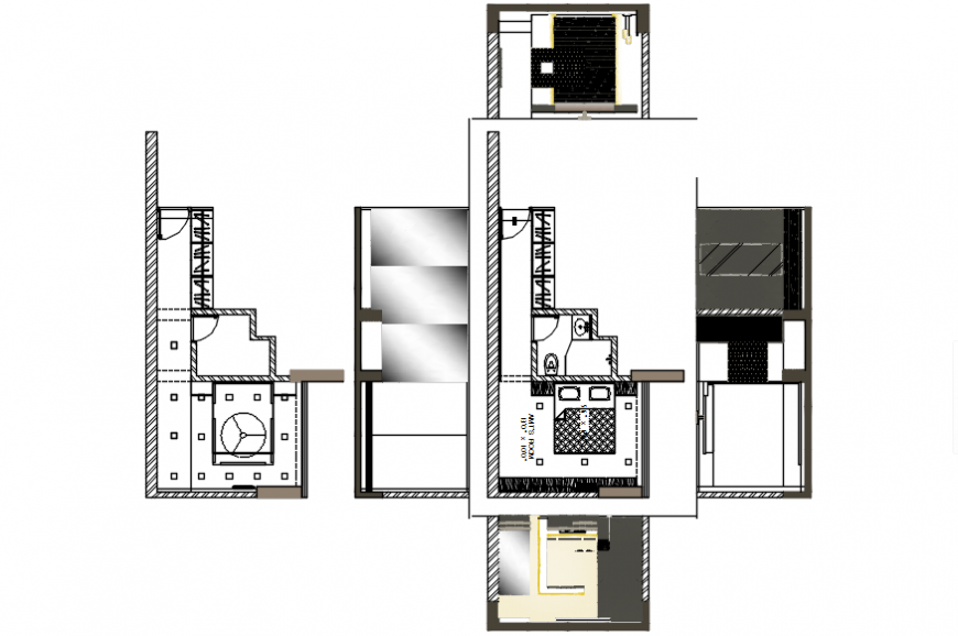 Creative bedroom section, layout plan with furniture cad drawing details dwg file