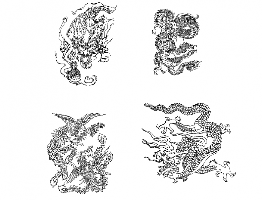Creative chines Dragon and phoenix patterns blocks cad drawing details dwg file