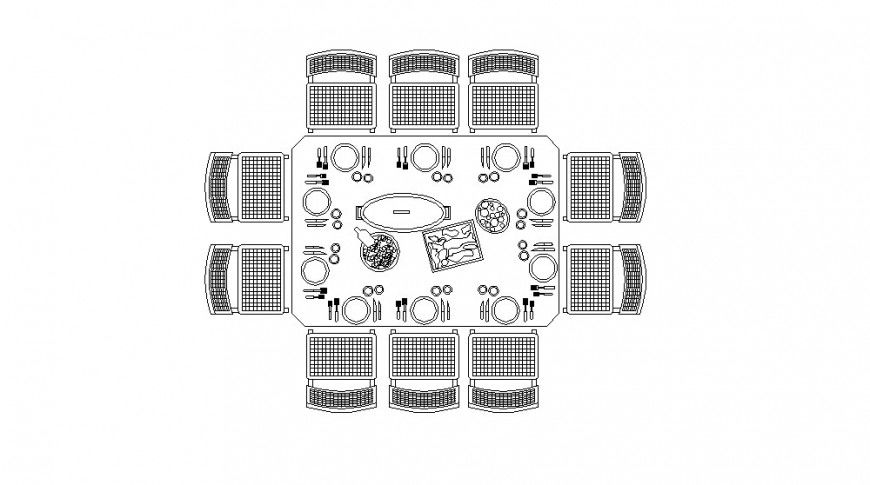 Creative dining table top view elevation with crockery cad drawing details dwg file