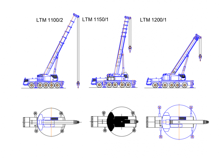 Creative heavy transportation crane vehicle blocks side and top view dwg file