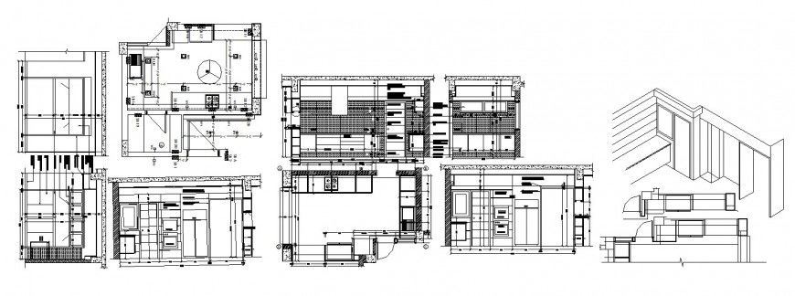 Creative kitchen all sided section, plan and carpentry cad drawing details dwg file