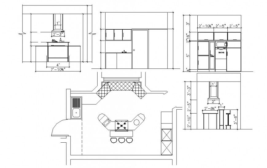 Creative kitchen sections and top view layout plan cad drawing details dwg file