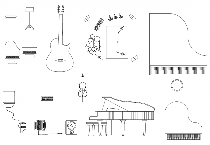 Creative miscellaneous music equipment blocks cad drawing details dwg file