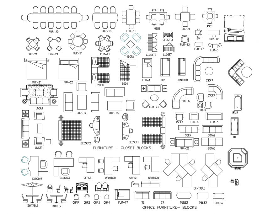Creative Hotel Furniture 2D Blocks CAD Drawing DWG File for Interiors
