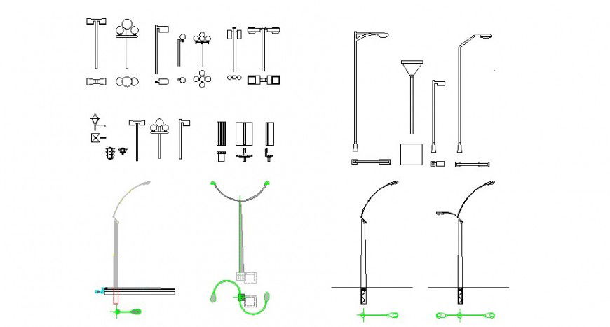 Creative multiple street lights and light-pole blocks cad drawing details dwg file