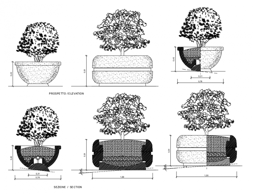 Creative multiple tree planters for garden cad block details dwg file