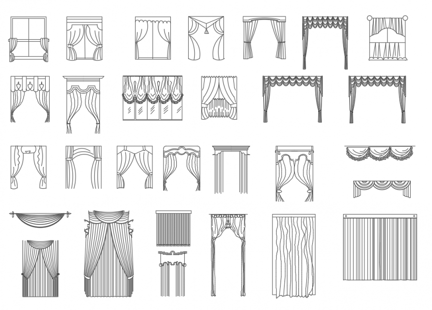 Creative multiple window curtains cad block design dwg file