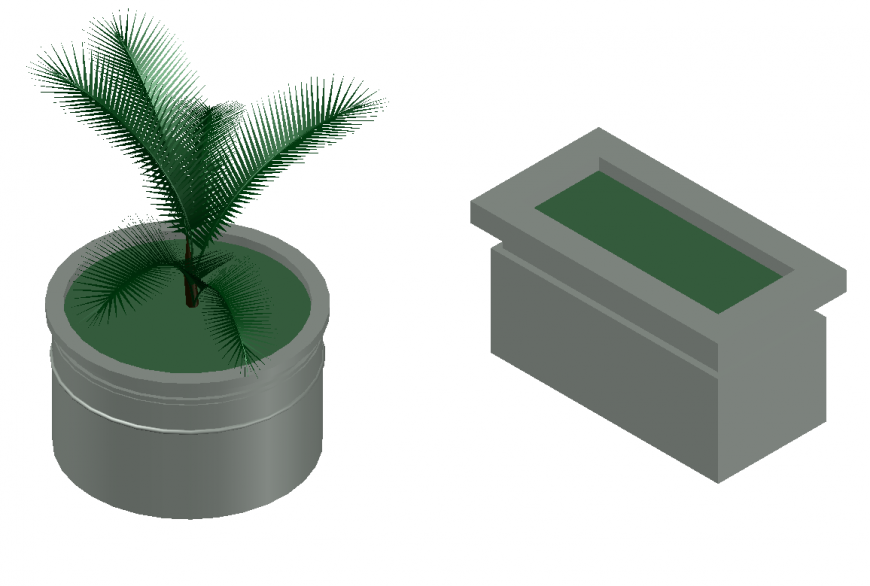 Creative round and square shape 3d planters with plant cad drawing details dwg file