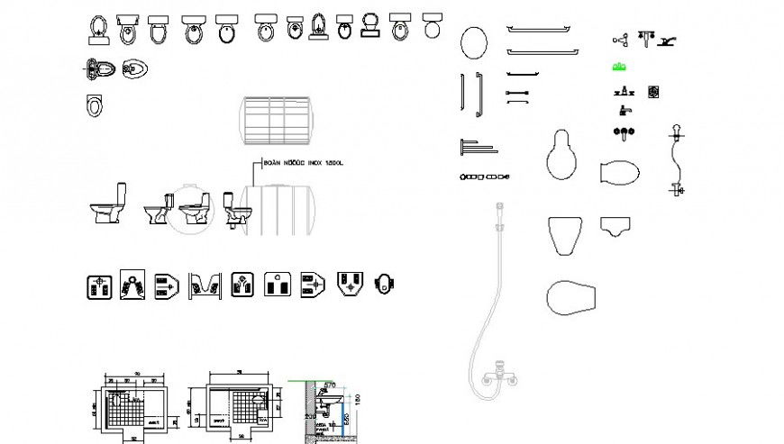 Creative sanitary blocks like toilet sheet, shower etc cad drawing details dwg file