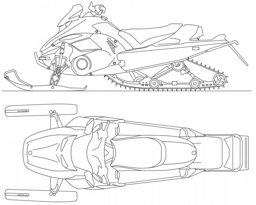 Creative snow bike side and top view elevation block details dwg file