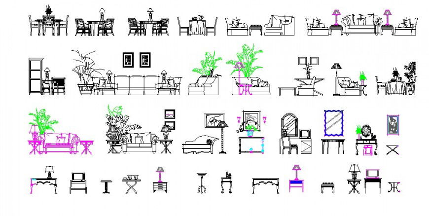 Creative sofa set, dining tables and hotel furniture blocks cad drawing details dwg file