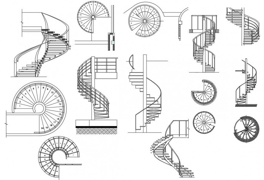 Creative spiral staircase blocks drawing details dwg file