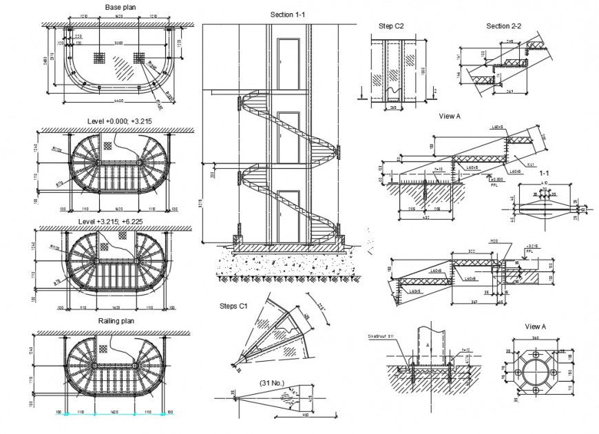 Creative spiral staircase elevation, section and plan drawing details dwg file