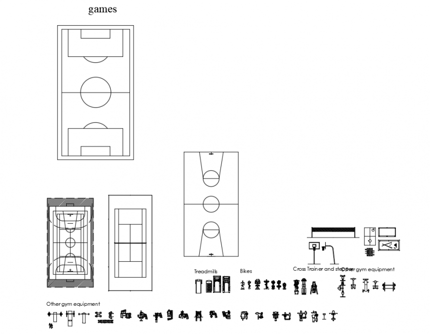Creative sports ground blocks and gym equipment blocks cad drawing details dwg file