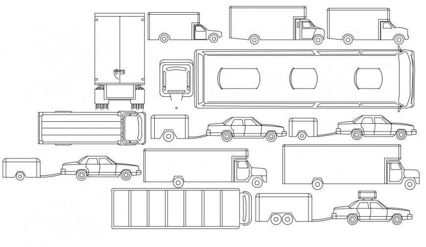 Creative transportation truck and car blocks drawing details dwg file