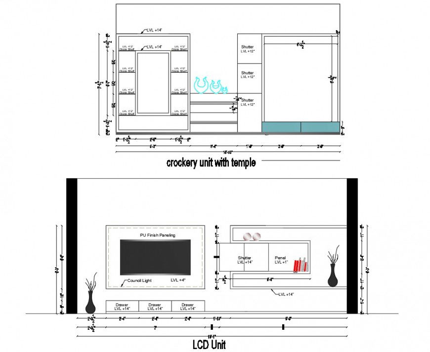 Crockery unit with temple and LCD unit autocad file