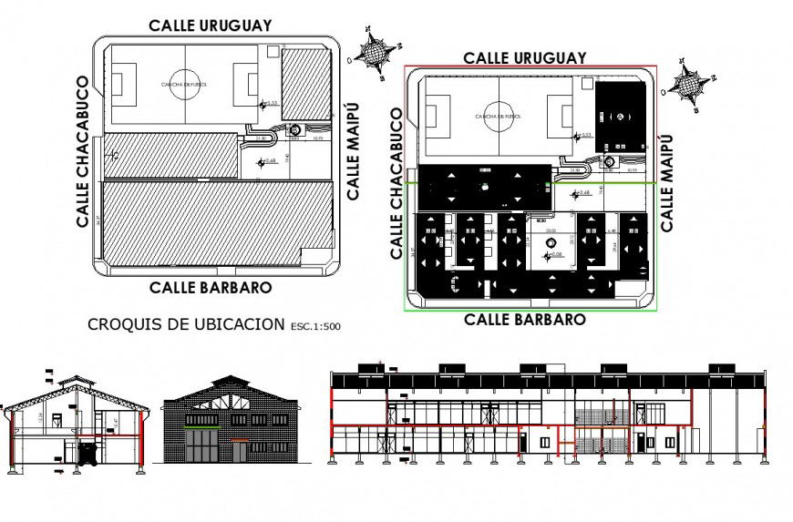 Croqueis of location plan, elevation and section layout file