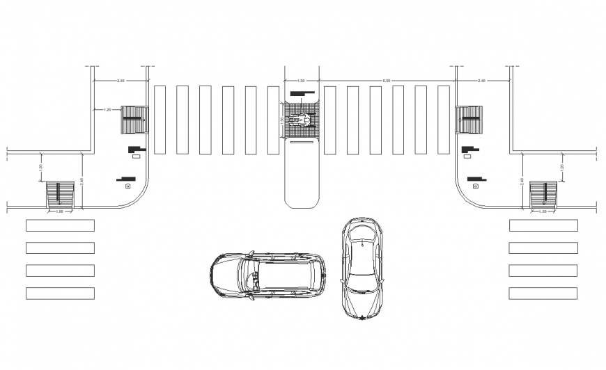 Crossroads plan with car detail for block design of transport dwg file